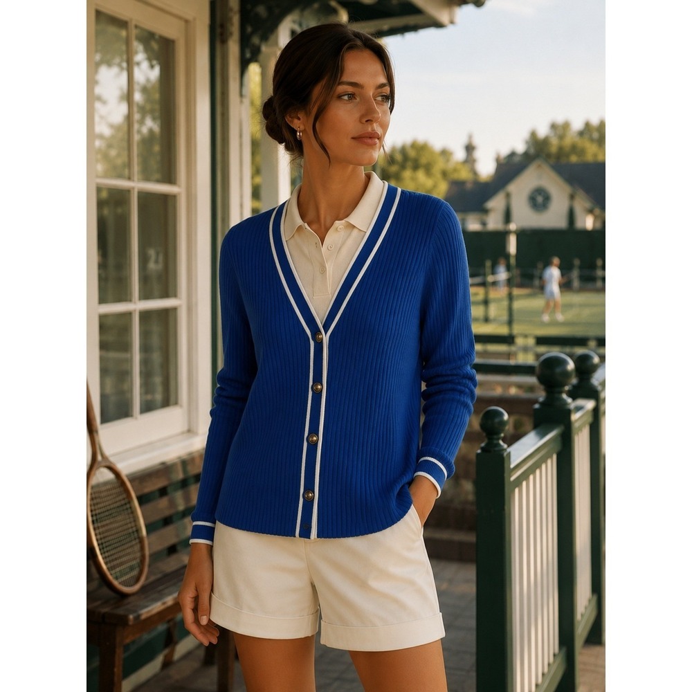 Express Varsity Tennis Prep Sweater Womens XLarge Blue Money Country Club Button
